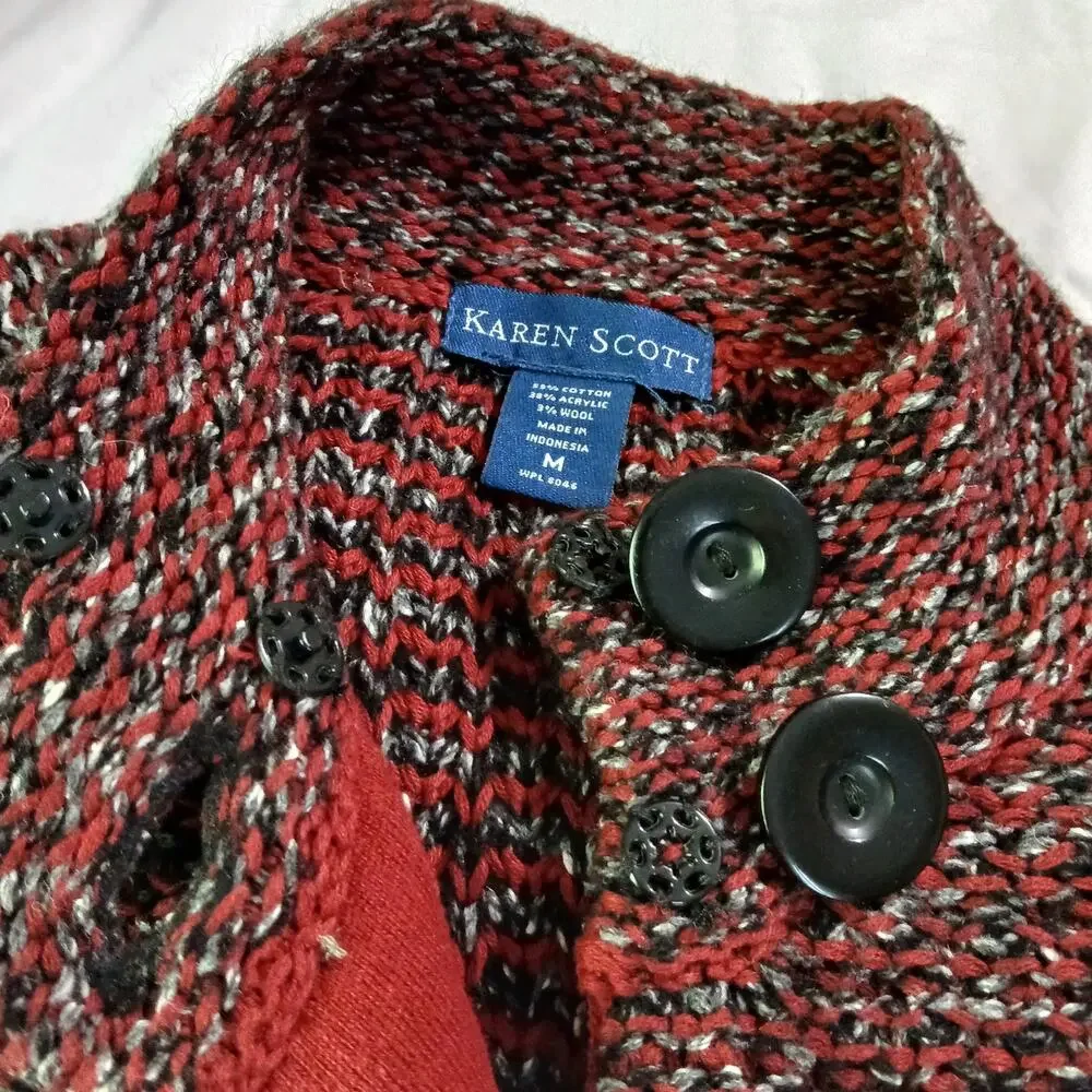 Karen Scott Med Maroon/Brown/White 2-Button Long-Sleeved Cardigan Sweater